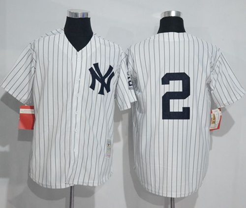 Mitchell And Ness Yankees #2 Derek Jeter White Strip Throwback Stitched MLB Jersey - Click Image to Close